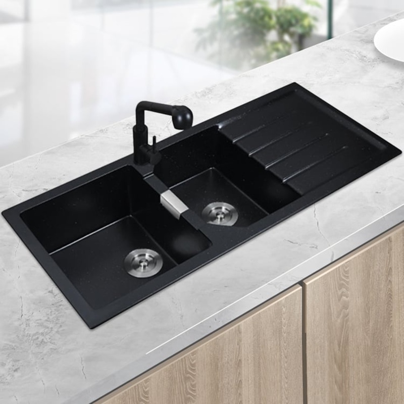 Black Quartz Kitchen Sink Double Bowl Drop-In Sink with Drain Board