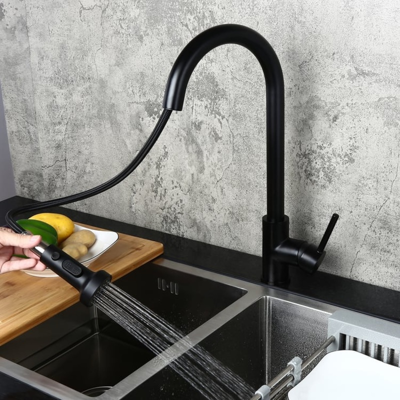 Commercial 3-Function Pull Down Spray Swivel Sprayhead Kitchen Sink Faucet with Deck Plate Matte Black Brass