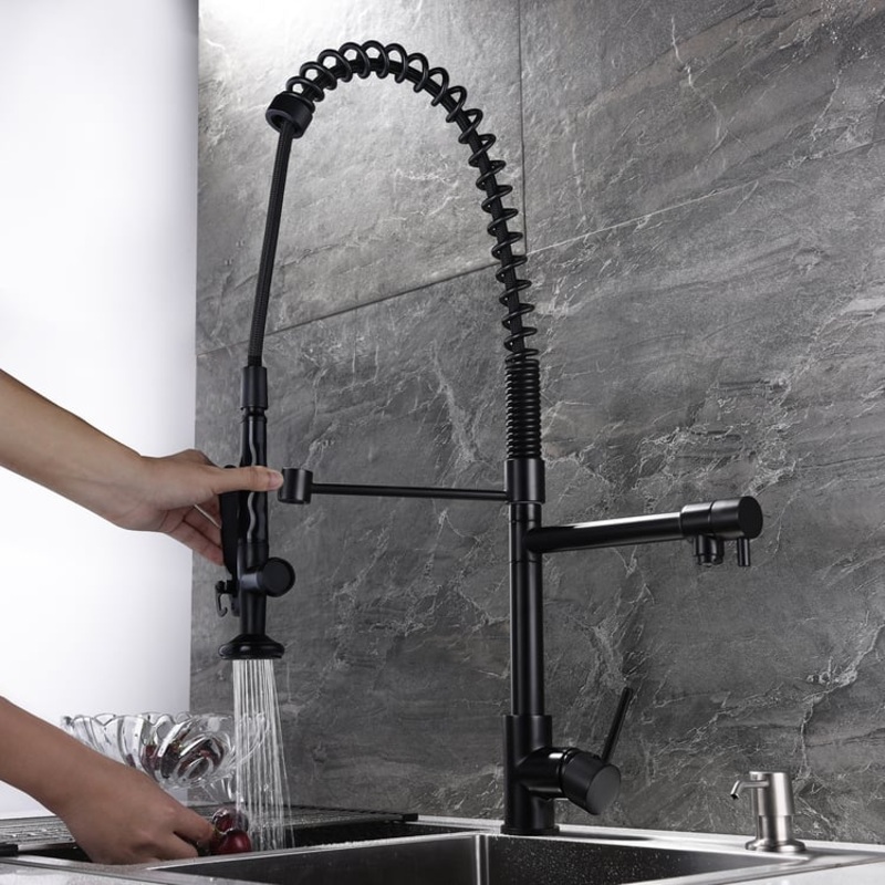 Commercial Pull Down Pre-rinse Spring Sprayer Matte Black Kitchen Sink Faucet with Deck Plate Solid Brass