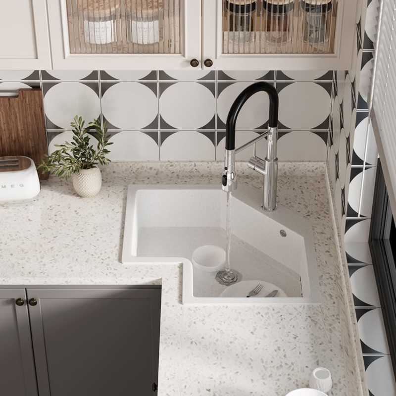 Drop In Corner Irregular Kitchen Sink White 25″ Quartz