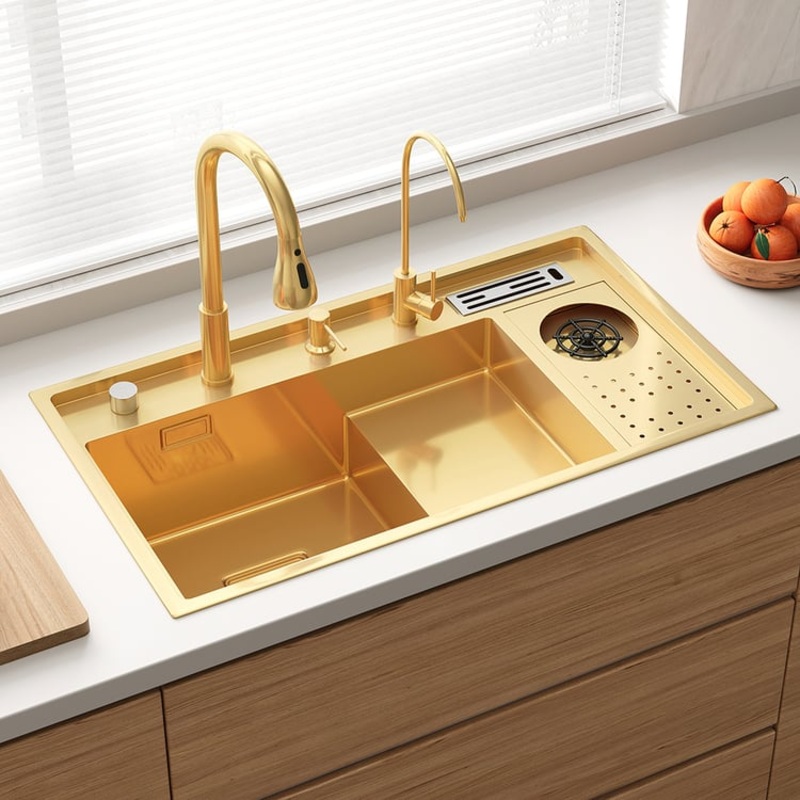 Drop-in Kitchen Sink Workstation With High-pressure Cup Washer Stainless Steel in Gold