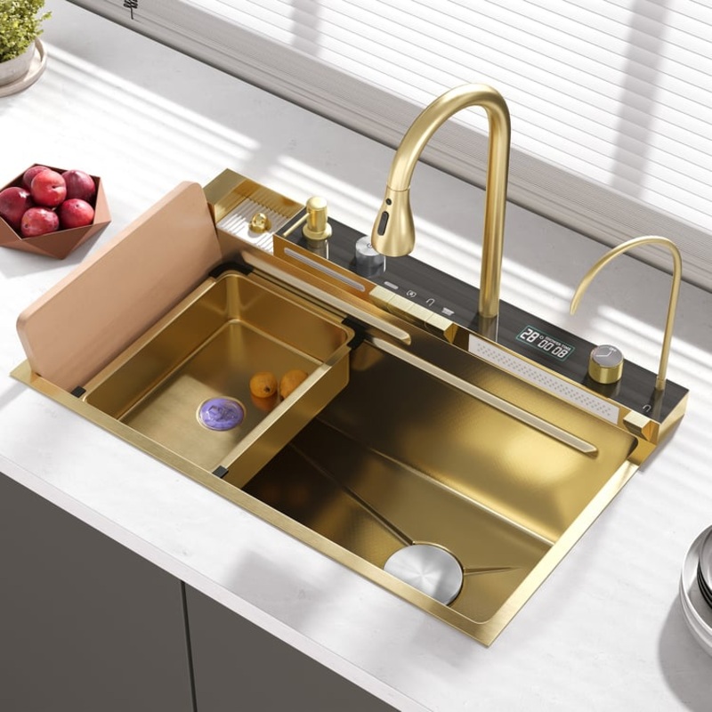 Drop-in Workstation Single Kitchen Sink Gold 29″ Stainless Steel with Faucet