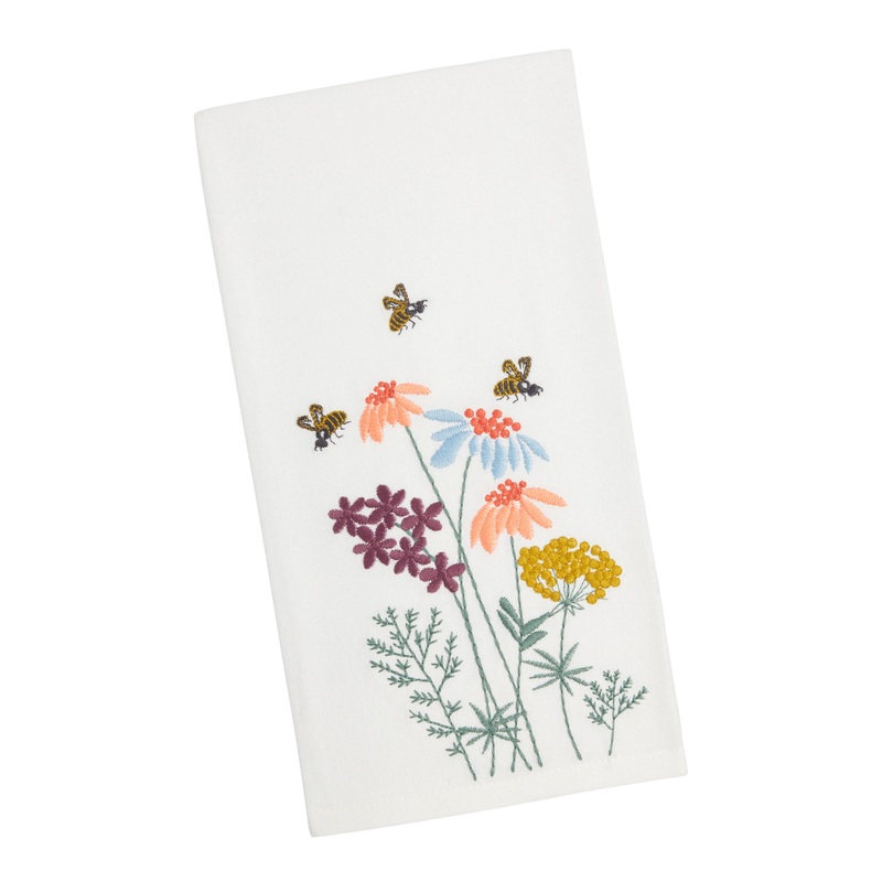Embroidered Bee and Flowers Kitchen Towel