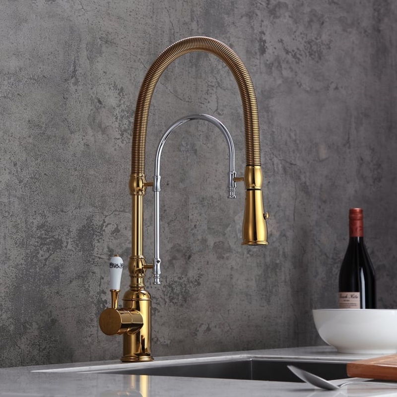 High Arc Dual-Mode Pull-Down Kitchen Faucet Solid Brass with Porcelain Handle