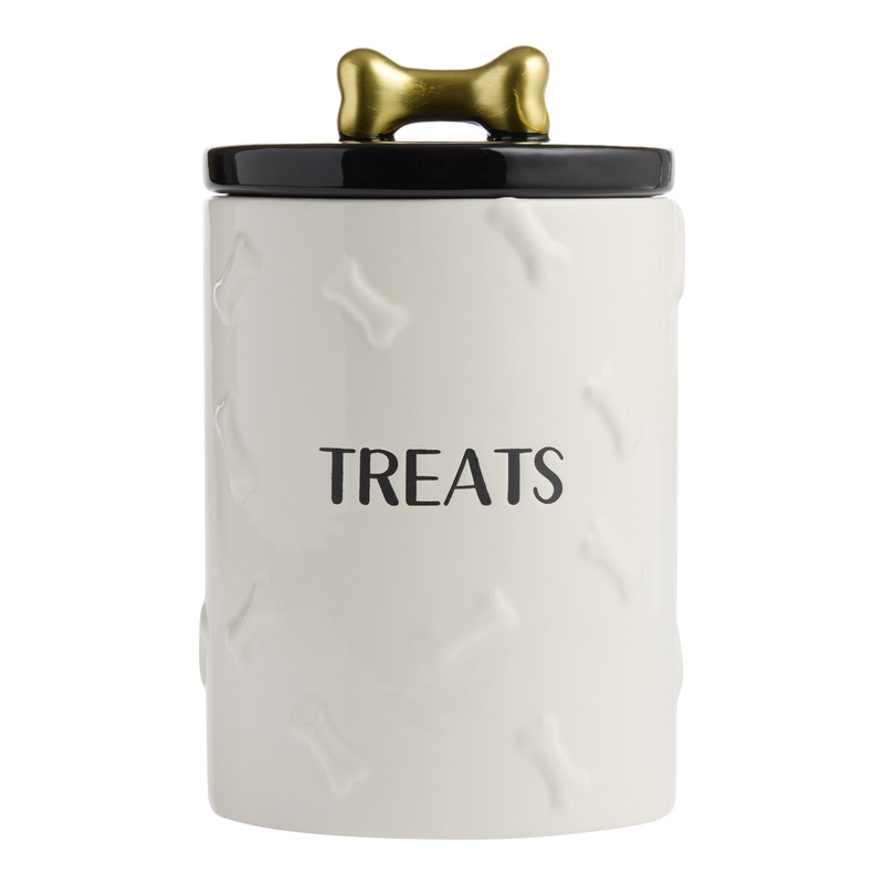 Ivory and Black Ceramic Bone Embossed Pet Treat Jar