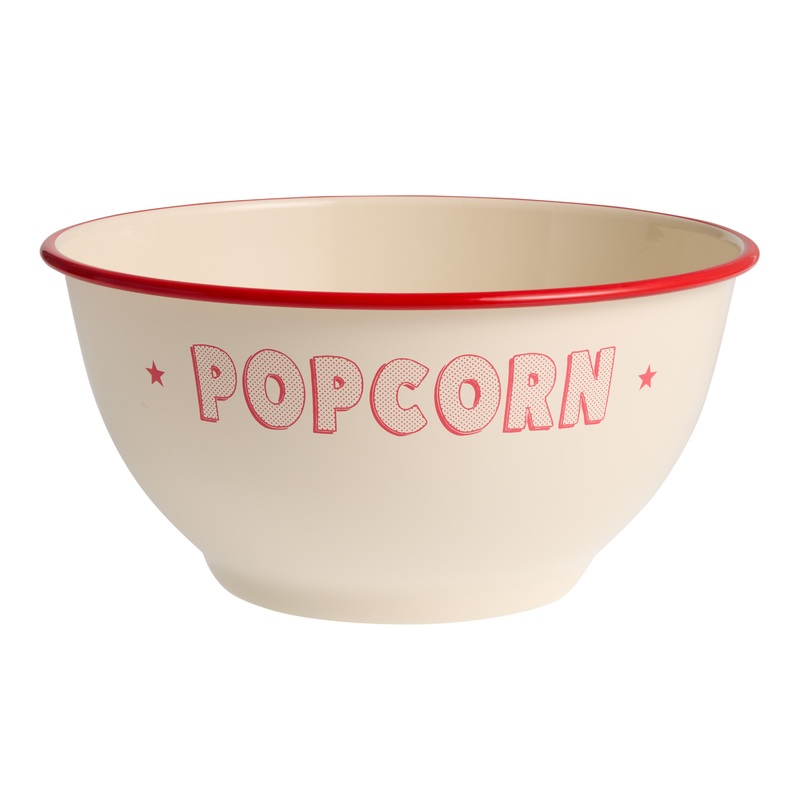 Large Ivory and Red Enameled Metal Popcorn Bowl