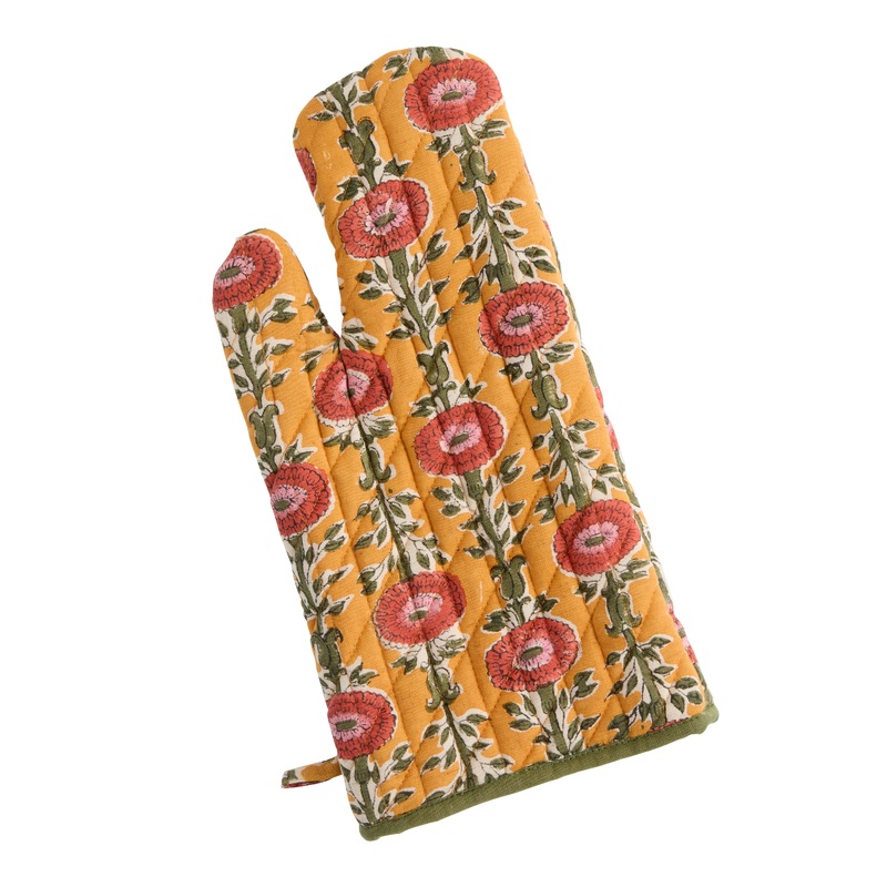 Marigold and Pink Poppy Quilted Block Print Oven Mitt
