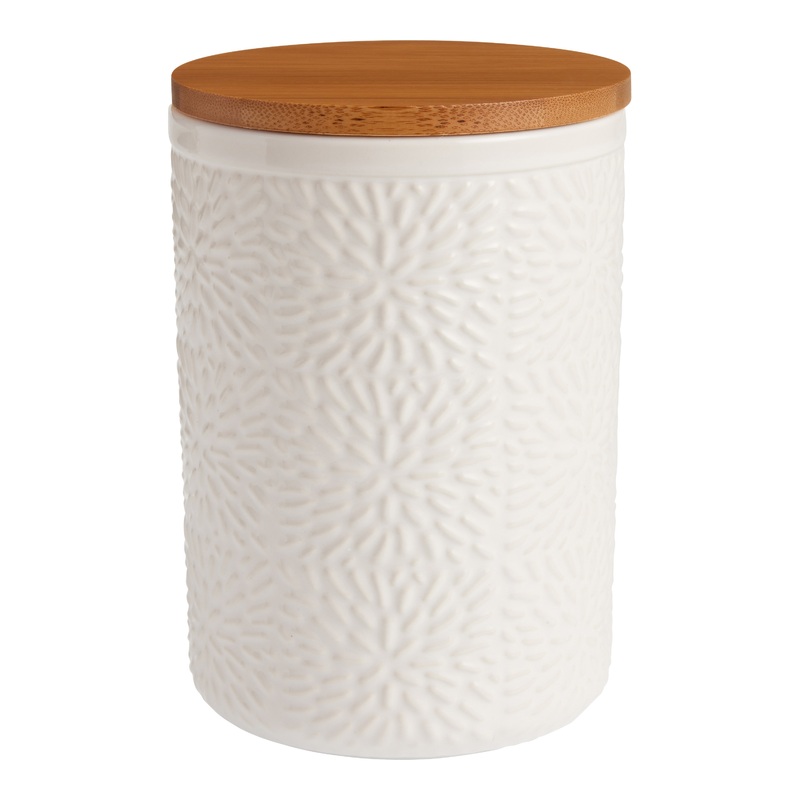 Medium White Textured Ceramic and Bamboo Storage Canister