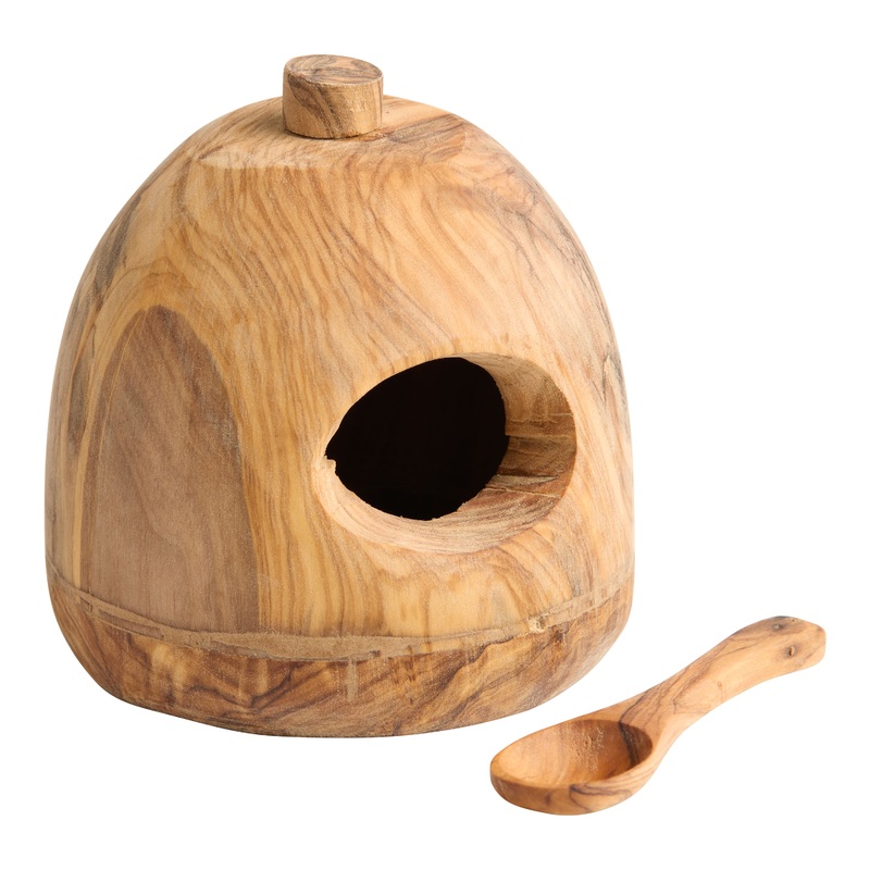 Natural Handmade Olive Wood Salt Cellar with Spoon