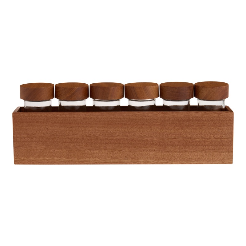 Natural Sapele Wood Spice Rack with Shaker Jars 7 Piece Set
