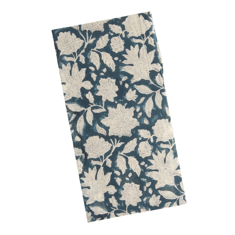 Navy and White Floral Block Print Kitchen Towel