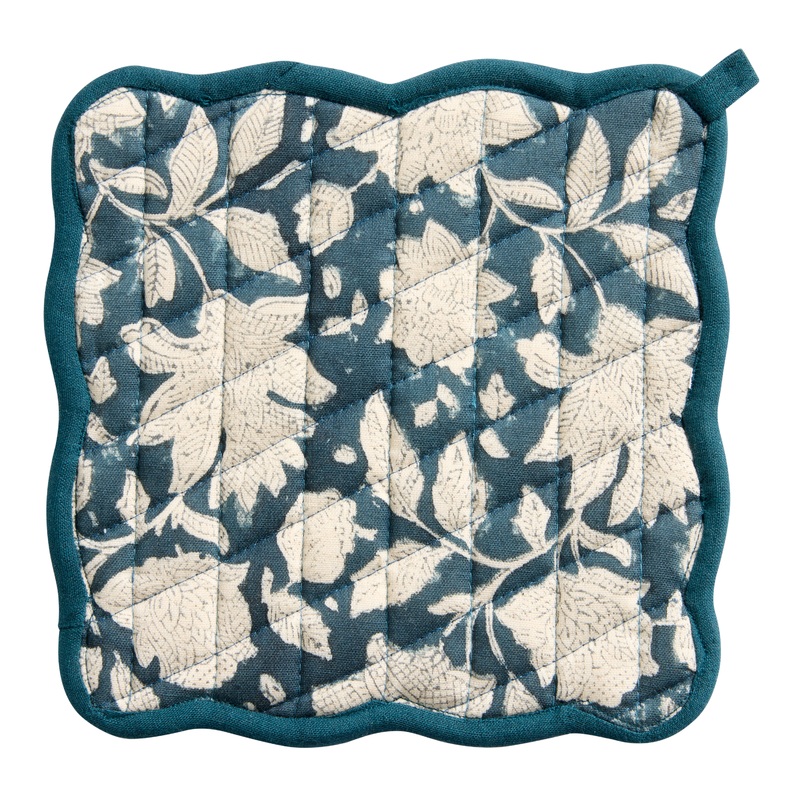 Navy and White Floral Quilted Block Print Potholder