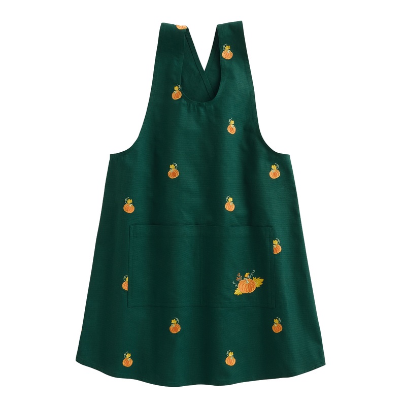 Pine Green and Orange Pumpkin Embroidered Smock Apron