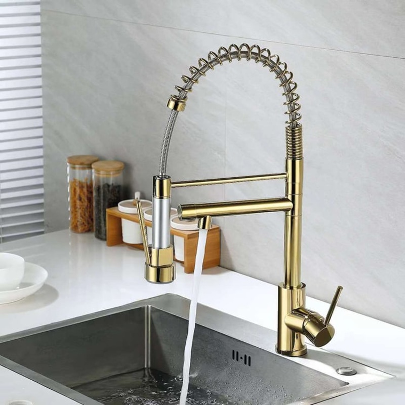 Pull Out Sprayer Kitchen Faucet Single Hole Double Spout Solid Brass