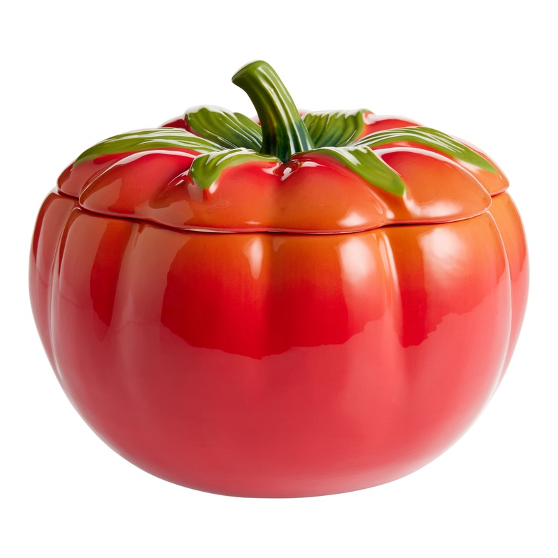 Red Ceramic Tomato Hand Painted Figural Cookie Jar