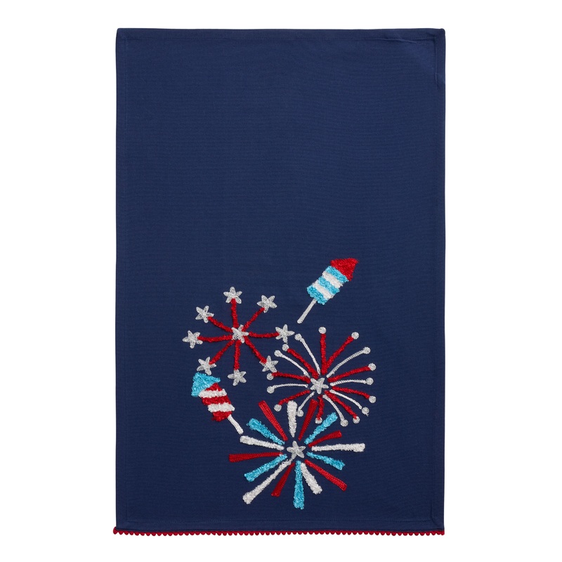 Red, White and Blue Firework Rocket Embroidered Kitchen Towel