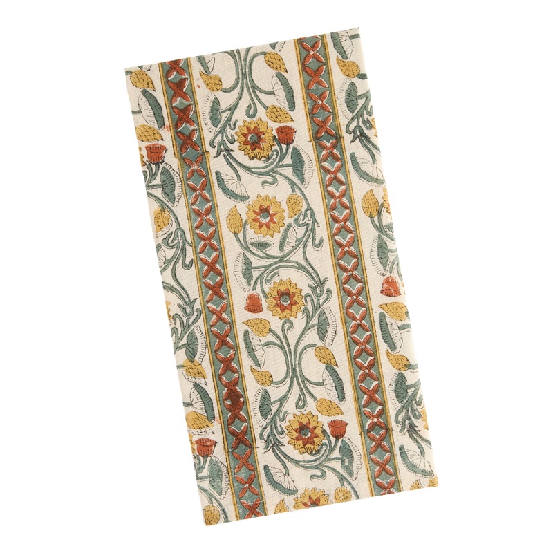 Terracotta and Blue Floral Block Print Kitchen Towel
