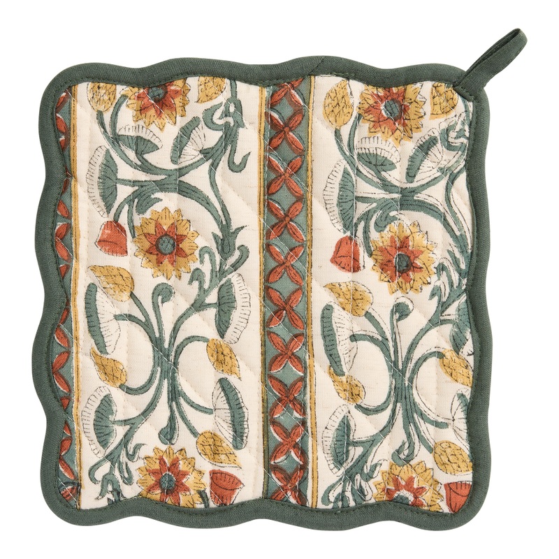 Terracotta and Blue Floral Quilted Block Print Potholder
