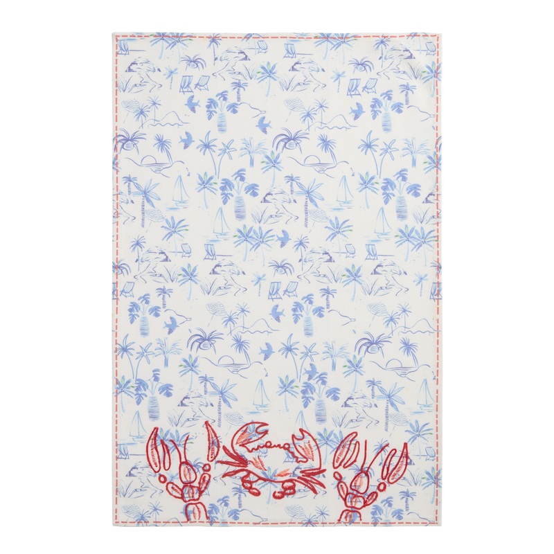 Blue and Red Tropical Crab Embroidered Kitchen Towel