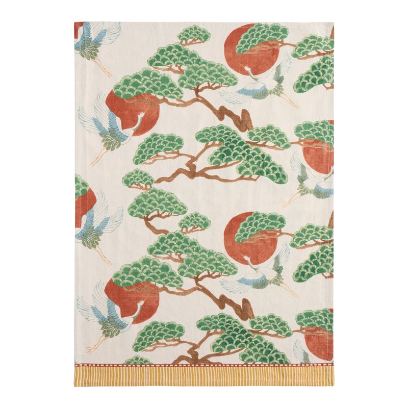 Green and Orange Bonsai and Crane Kitchen Towel