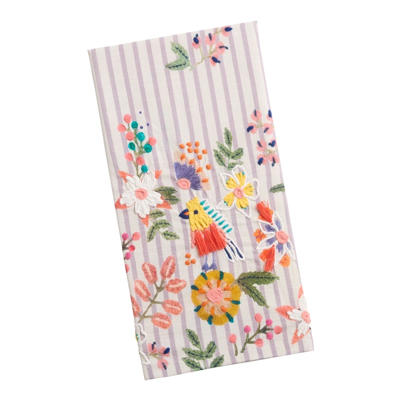 Lilac and Ivory Stripe Floral Embroidered Kitchen Towel