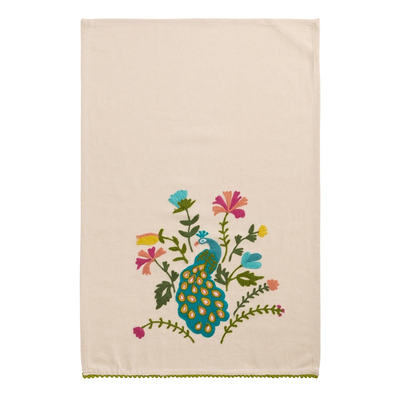 Multicolor Floral Peacock Embroidered Kitchen Towel