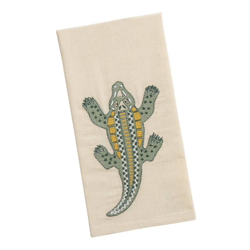 Oatmeal and Green Crocodile Embroidered Kitchen Towel