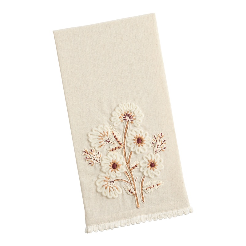 Oatmeal and White Embroidered Floral Kitchen Towel