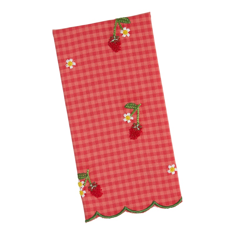 Red Check Strawberry Scalloped Embroidered Kitchen Towel