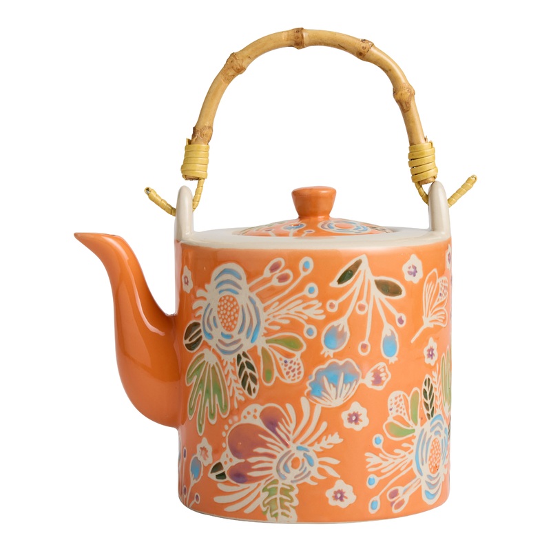 Coral Hand Painted Wax Resist Ceramic Floral Teapot