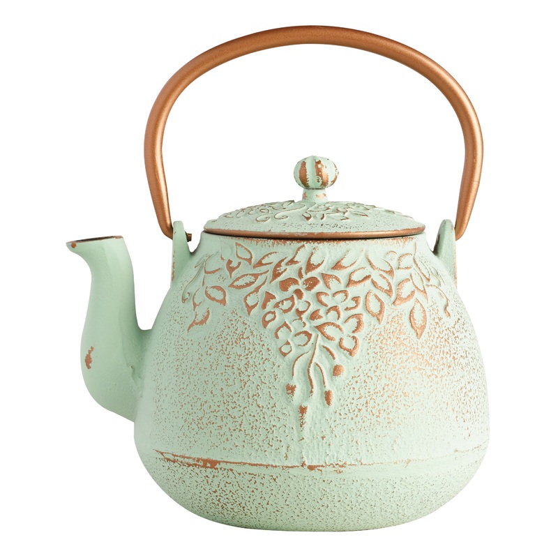 Light Green Embossed Cast Iron Teapot