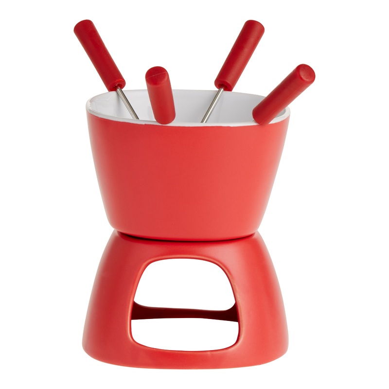 Small Red Ceramic Fondue Pot and Forks 5 Piece Gift Set