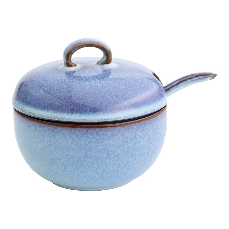 Blue and White Reactive Glaze Ceramic Sugar Bowl with Spoon