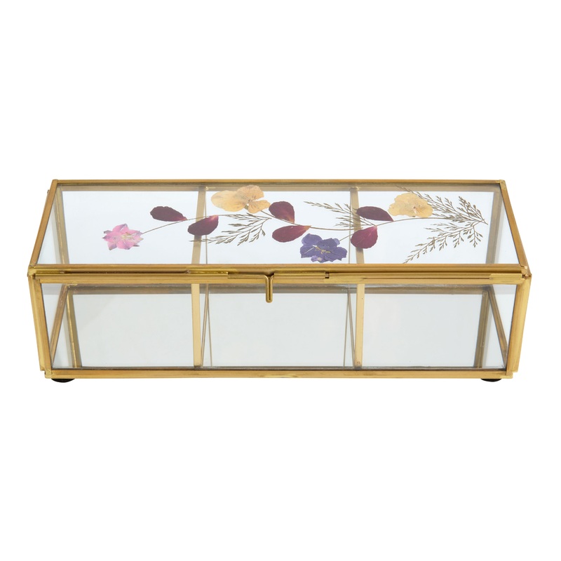 Glass and Gold Metal Pressed Flower Tea Storage Box