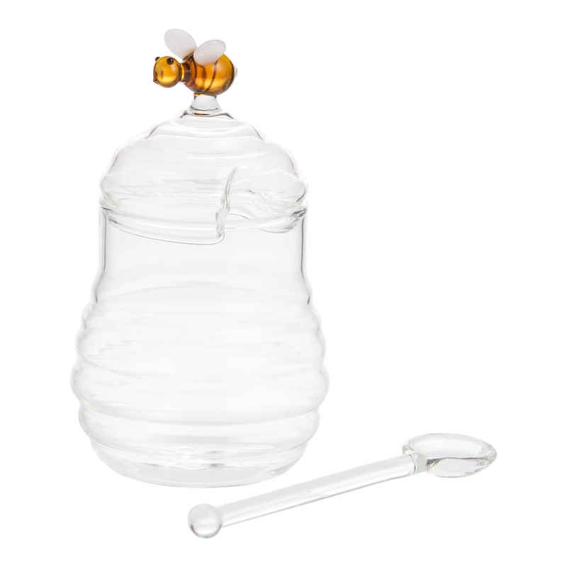 Glass Beehive and Bee Ribbed Figural Honey Pot with Dipper