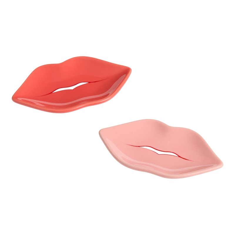 Glossy Red and Pink Ceramic Lips Figural Tea Rest Set of 2