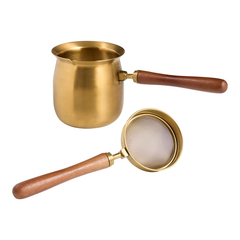 Gold Steel and Walnut Chai Tea Stovetop Pot and Strainer Set