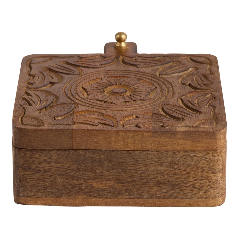 Hand Carved Wood Floral Medallion Tea Storage Box