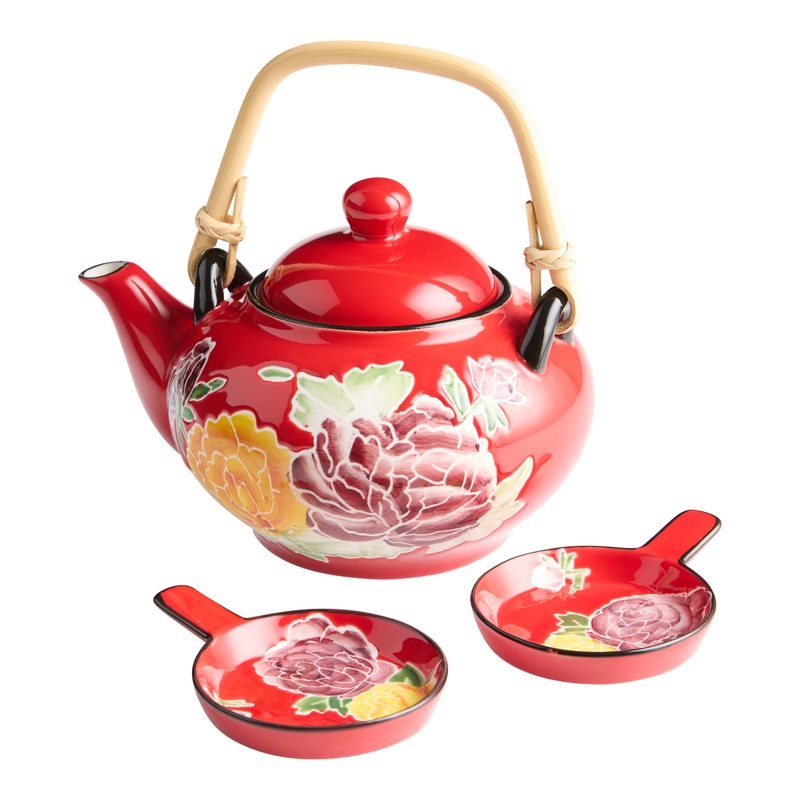 Hand Painted Ceramic Floral Teapot and Tea Rests Gift Set