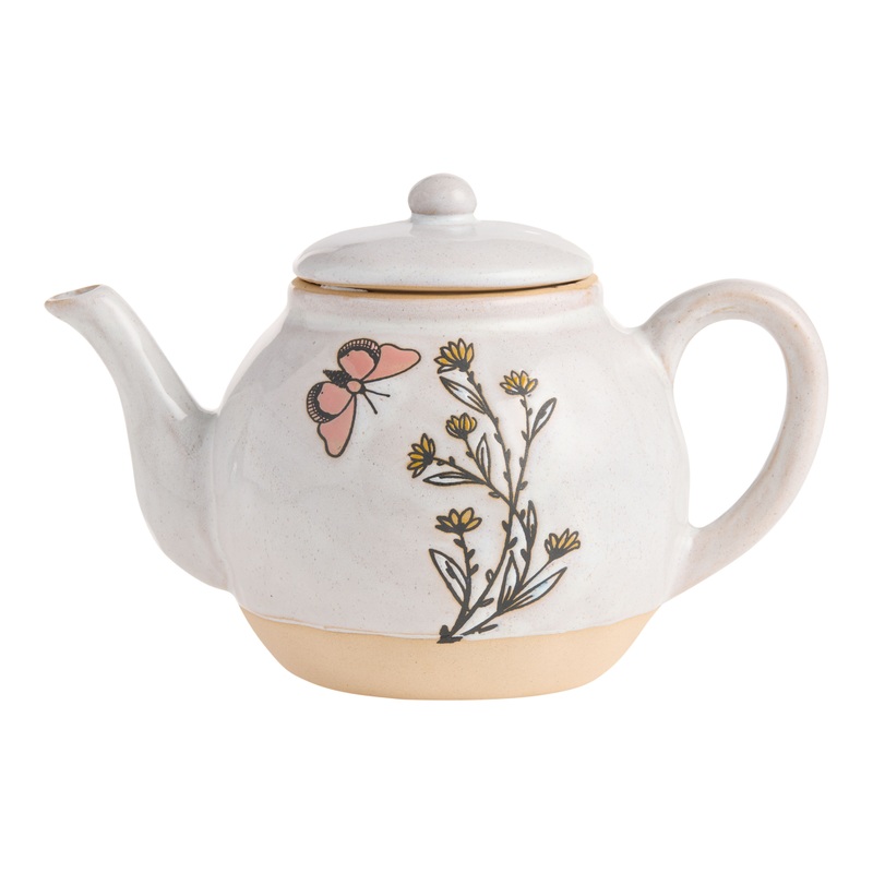 Ivory Wax Resist Ceramic Flowers and Butterfly Teapot