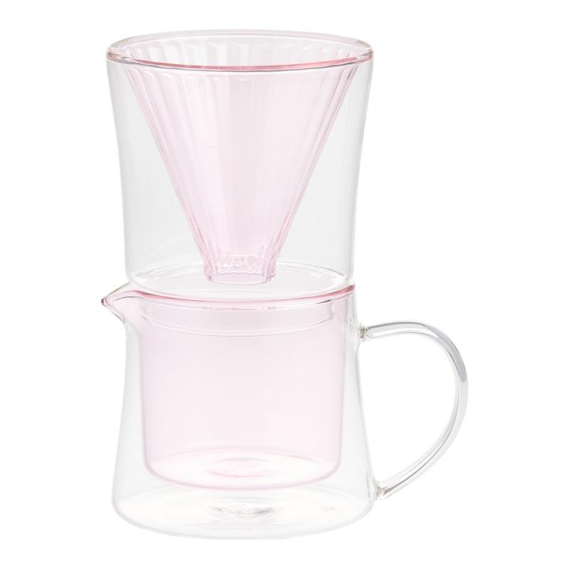 Pink and Clear Glass Double Wall Pour Over Coffee Maker Set