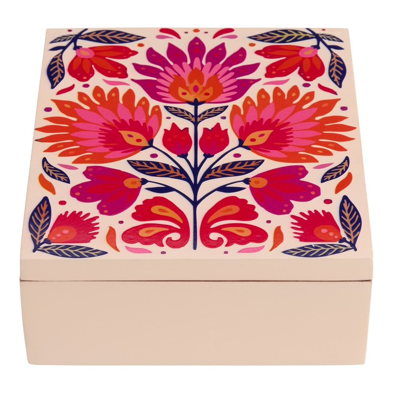 Pink and Purple Hand Painted Wood Floral Tea Storage Box