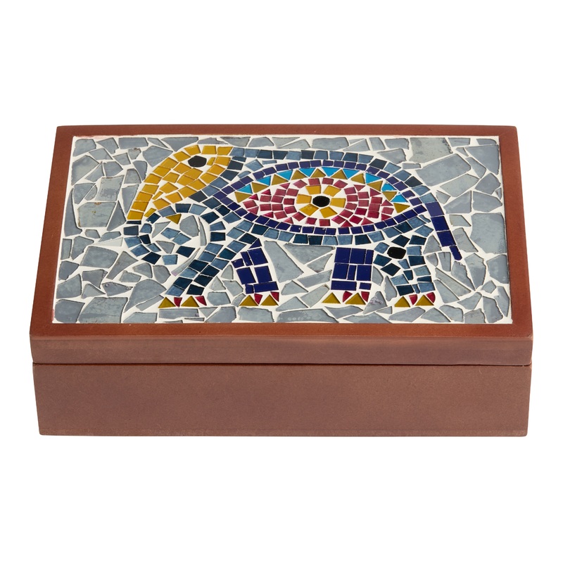 Walnut and Glass Mosaic Evil Eye Elephant Tea Storage Box