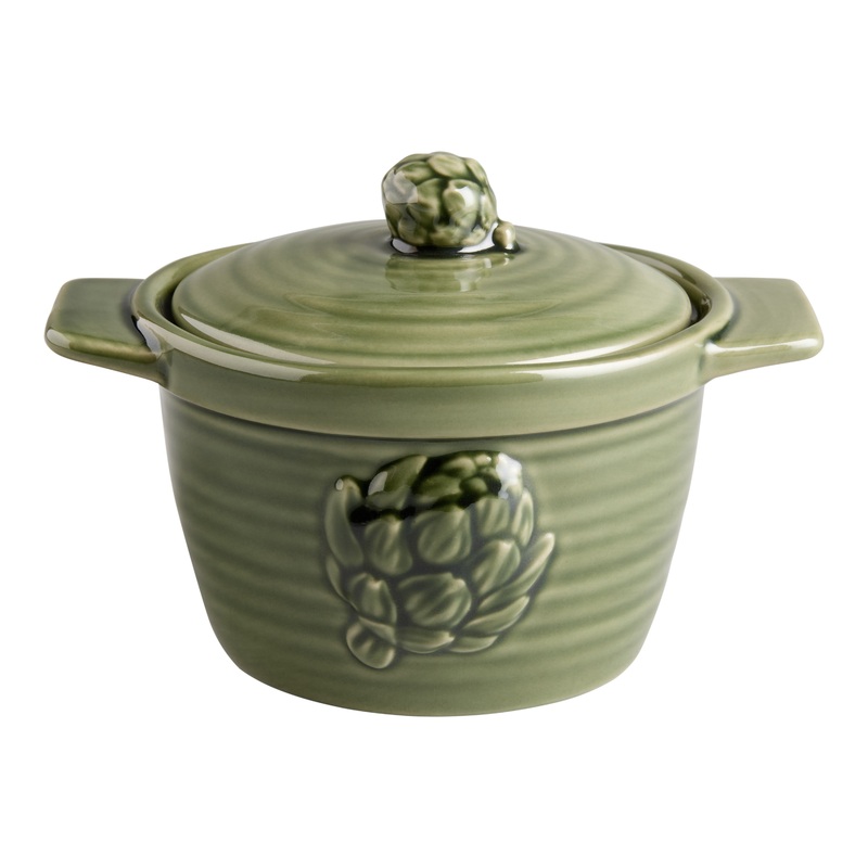 Dark Green Ceramic Embossed Artichoke Cocotte with Lid