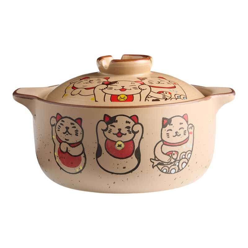 Hand Painted Speckled Ceramic Lucky Cat Baking Dish with Lid
