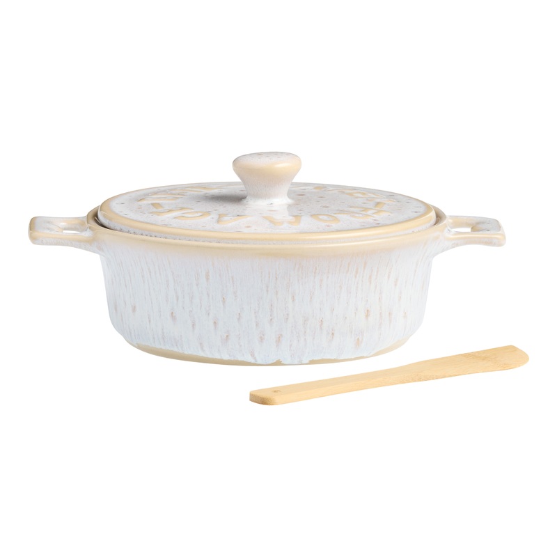 Ivory Reactive Glaze Ceramic Brie Baking Dish with Spreader