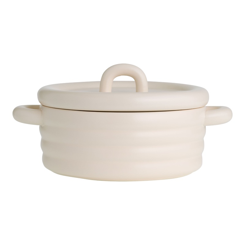 Large Cream Ceramic Modern Ribbed Baking Dish with Lid