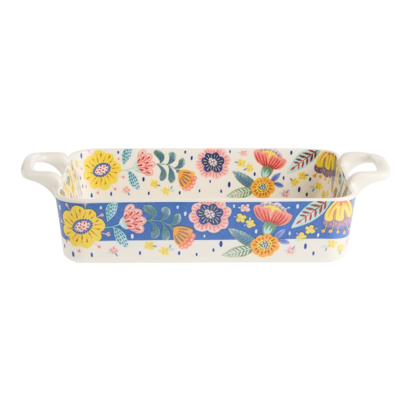 Large Multicolor Ceramic Floral Baking Dish