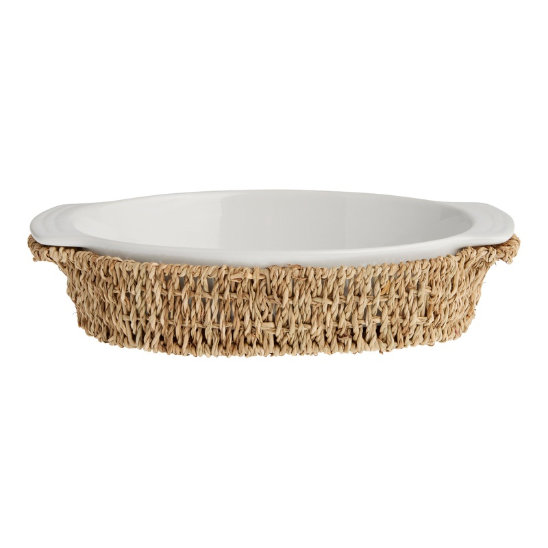 Oval White Ceramic Baking Dish with Seagrass Serving Trivet