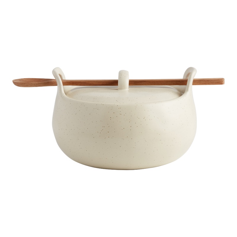 Round Speckled Covered Ceramic Baking Dish With Spoon